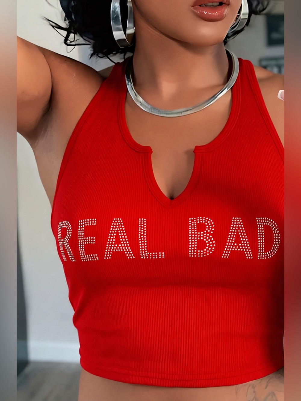 Red 'REAL BAD' Studded Ribbed Tank Top